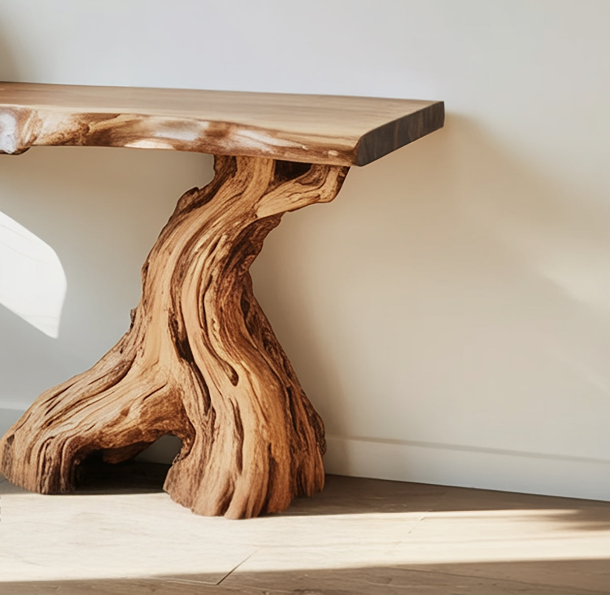 Organic tree trunk console table featuring natural live edge wood grain