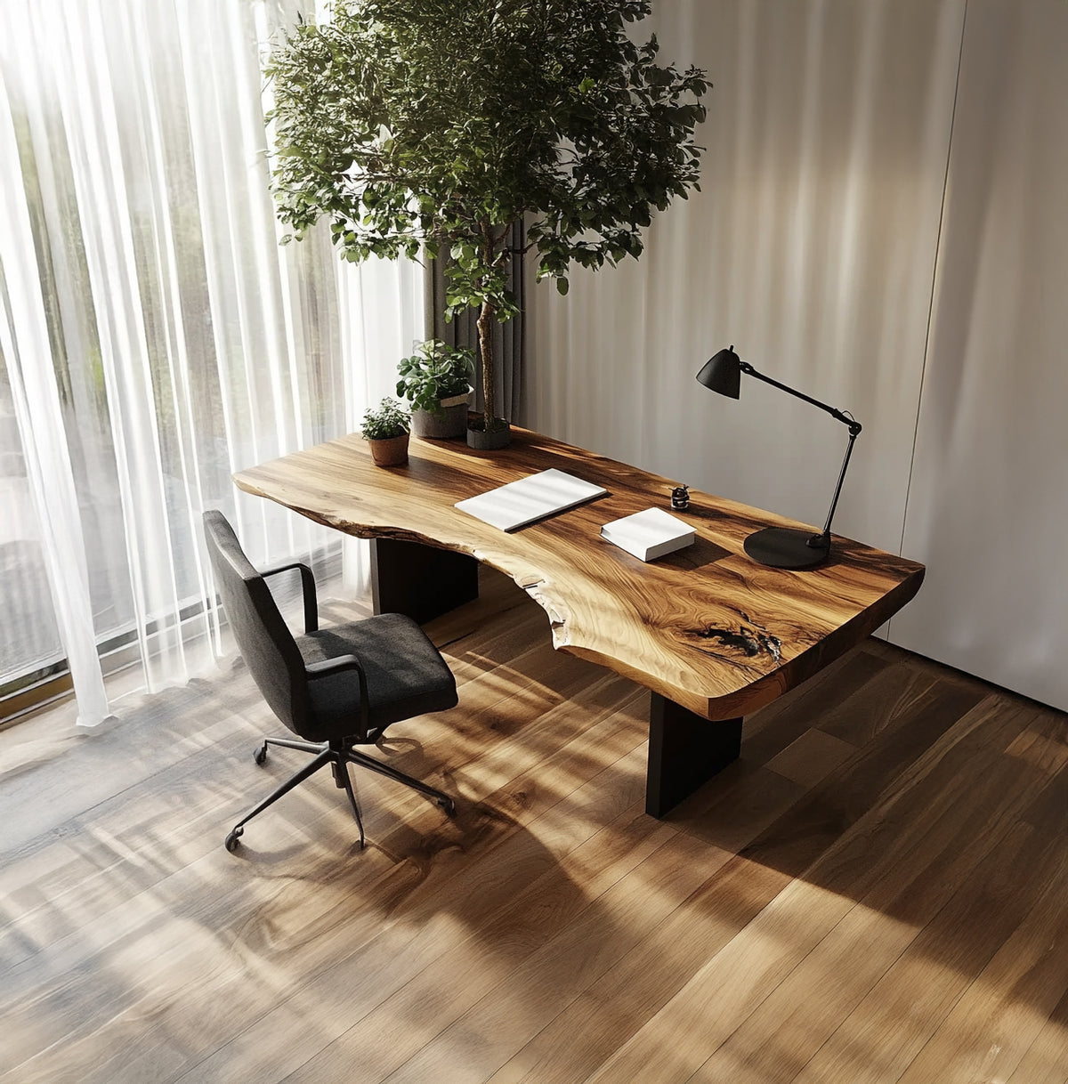 Live edge solid wood desk with organic modern workspace design