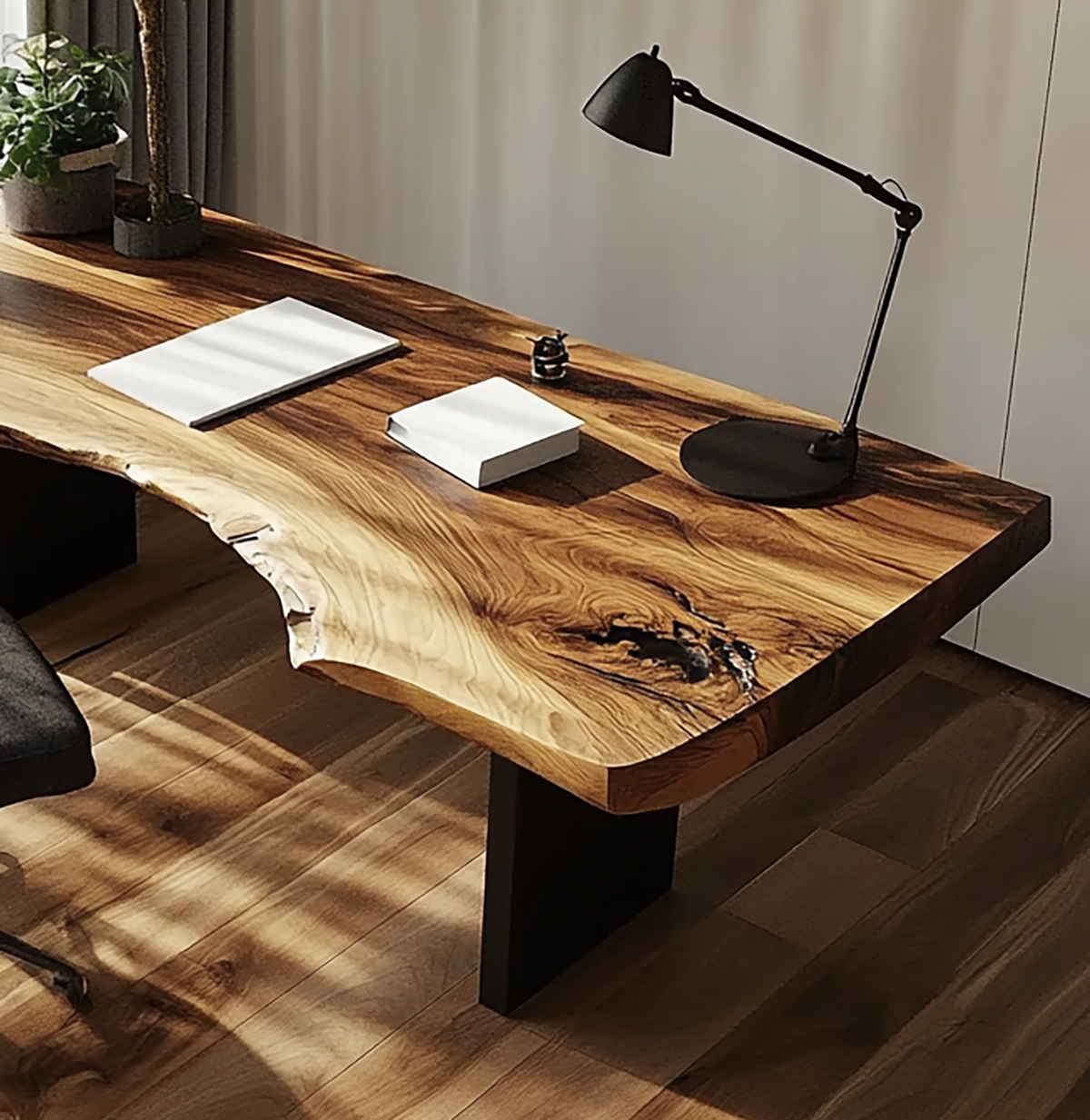 Handcrafted wooden desk with natural live edge detail