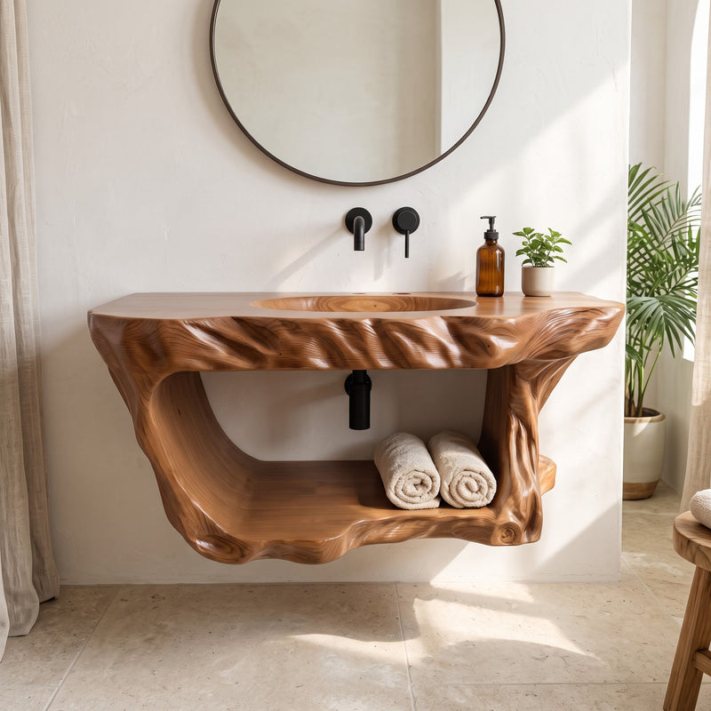Live Edge Solid Wood Floating Bathroom Vanity – Organic Sculptural Masterpiece