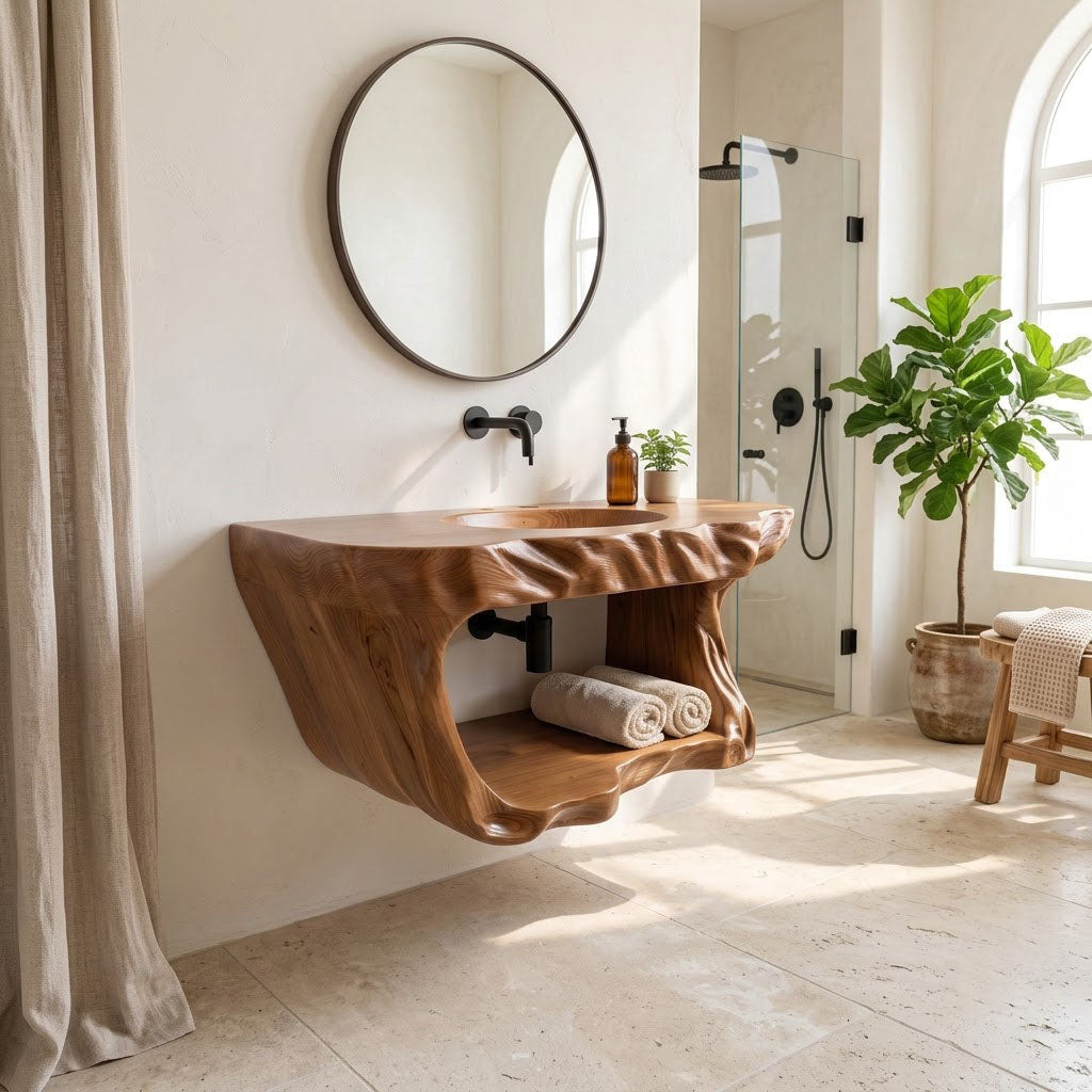 Live Edge Solid Wood Floating Bathroom Vanity – Organic Sculptural Masterpiece