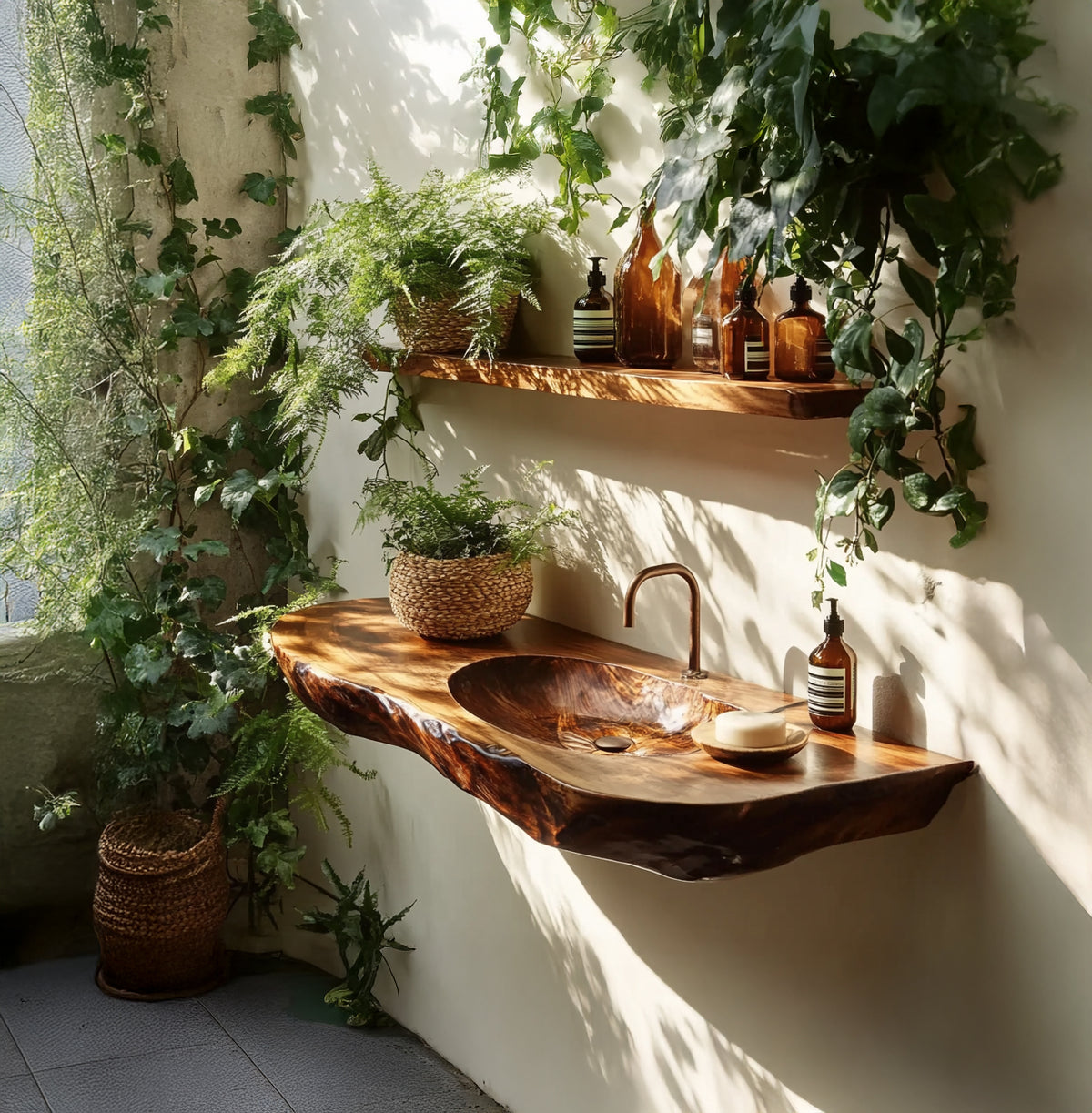 Live edge solid wood floating bathroom vanity with organic design