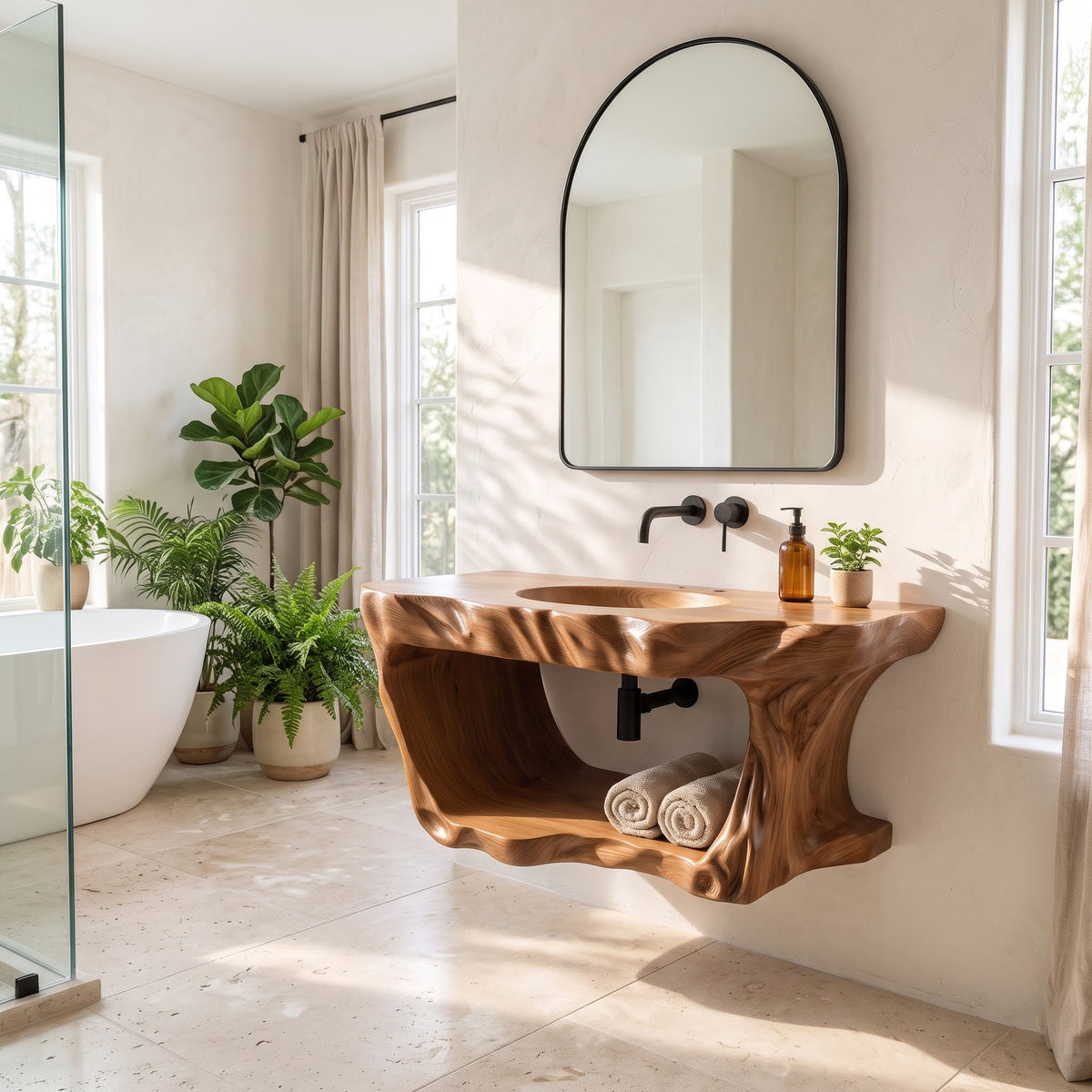 Live Edge Solid Wood Floating Bathroom Vanity – Organic Sculptural Masterpiece