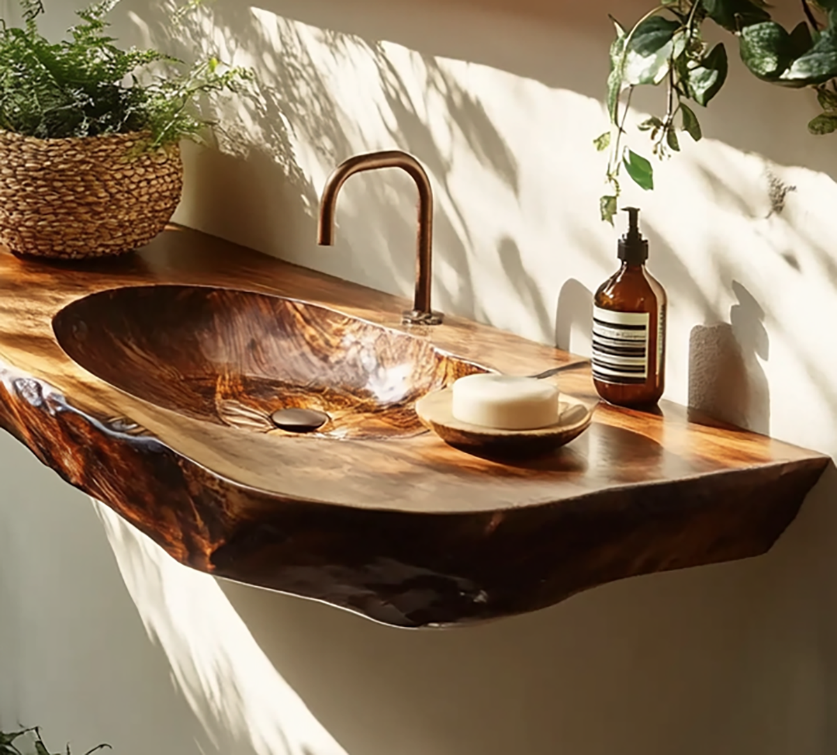 Floating wood bathroom vanity with natural live edge detail