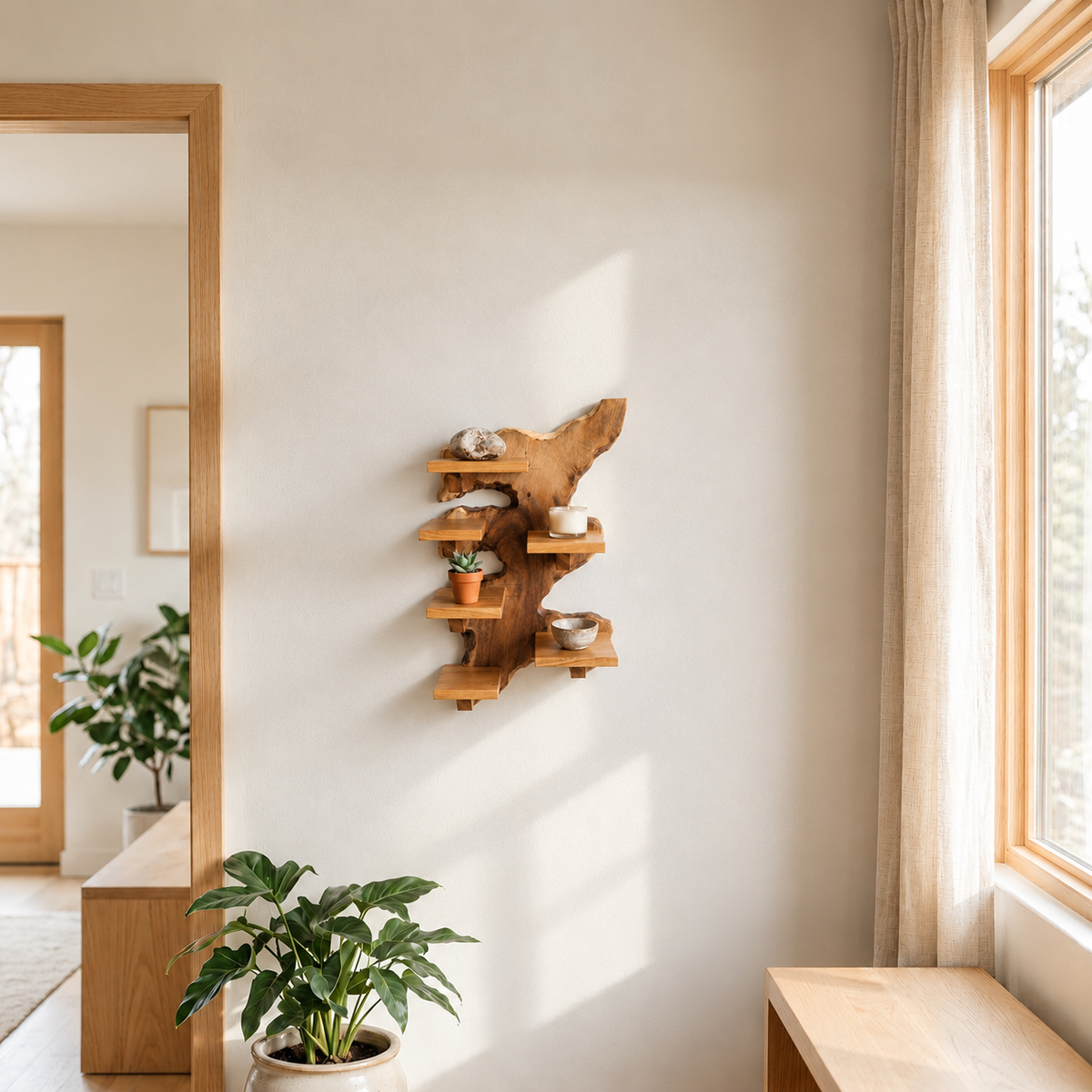 Live Edge Solid Wood Floating Display Shelf Sculpted Timber Slab Multi Tier Organiser