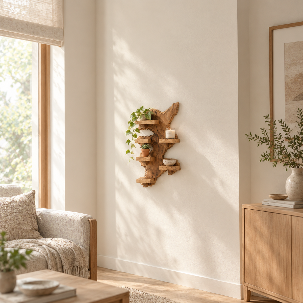 Live Edge Solid Wood Floating Display Shelf Sculpted Timber Slab Multi Tier Organiser