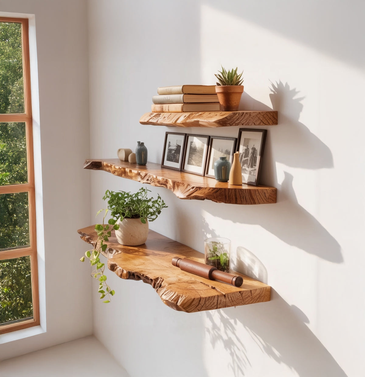 Live edge solid wood floating shelves with organic design