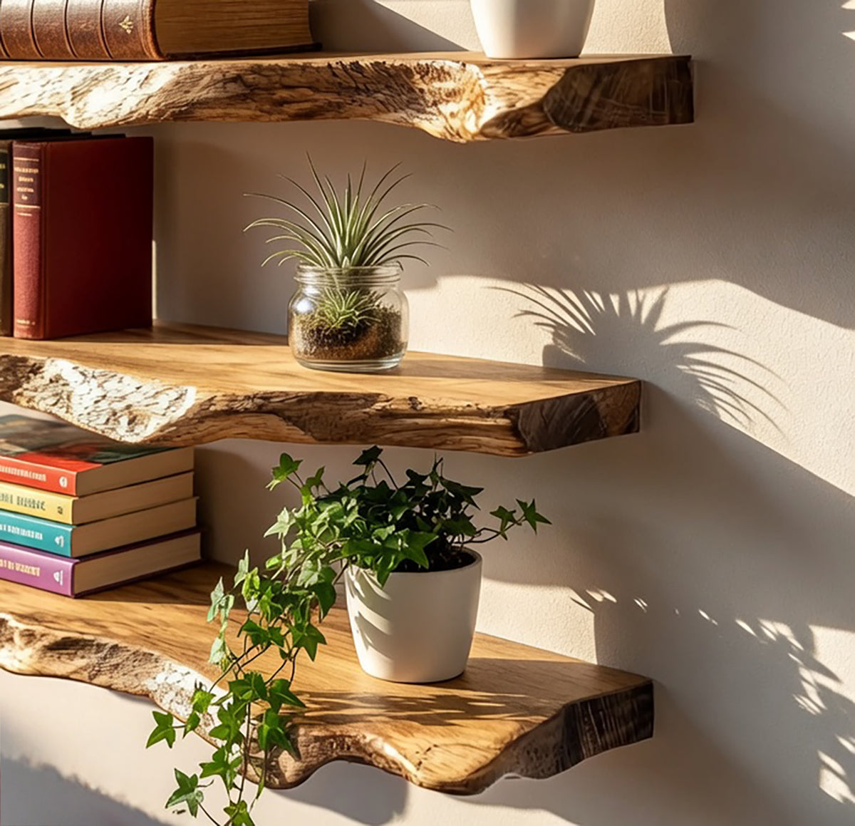 Handcrafted floating wood shelves with natural live edge detail