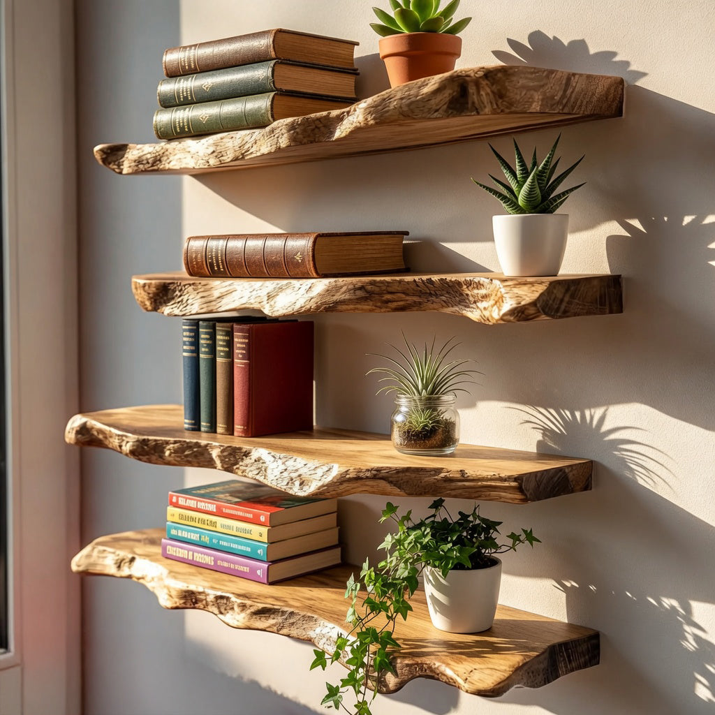 Floating shelves for books, plants, and decorative display