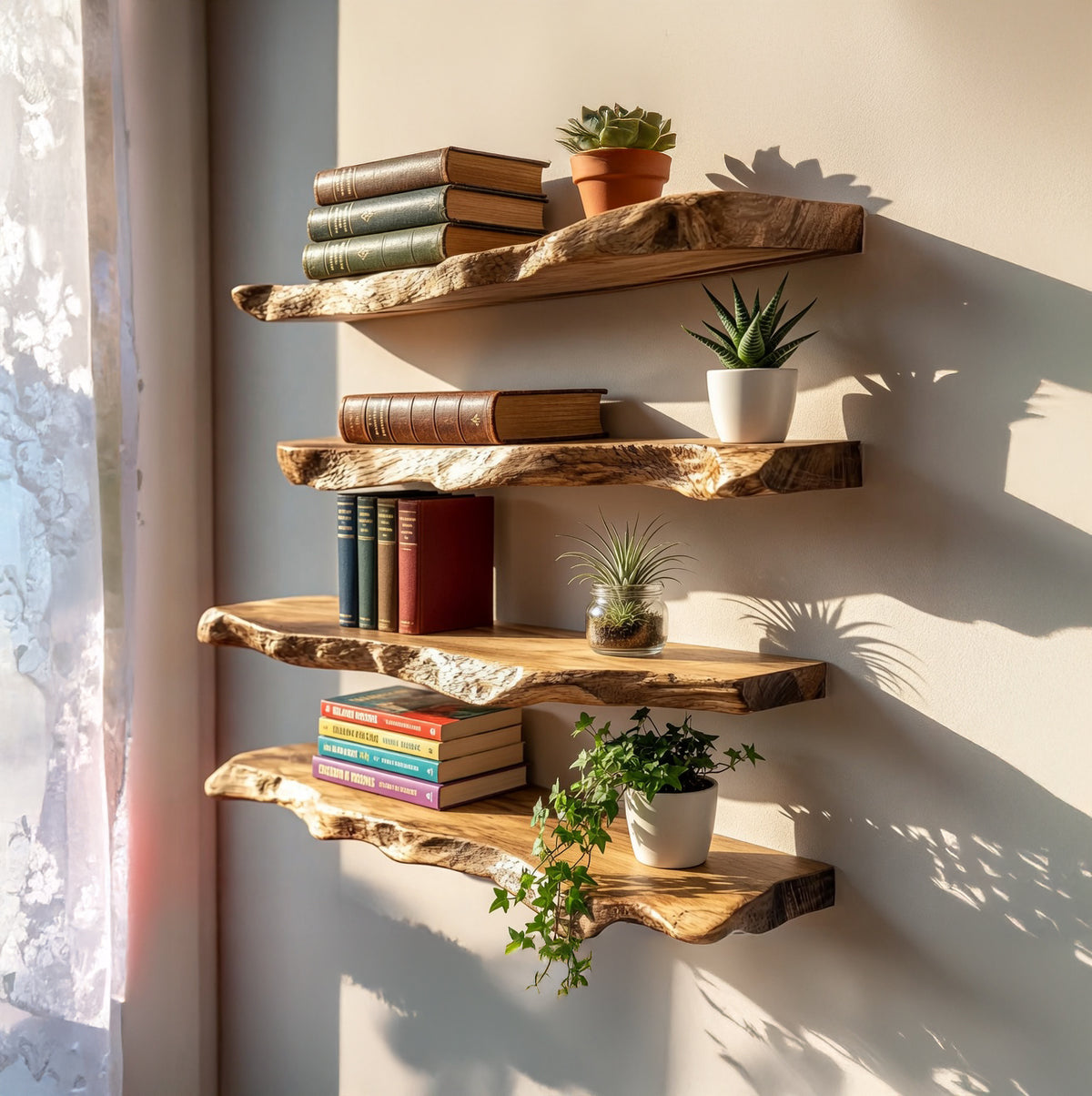 Live edge solid wood floating shelves with organic wall display design
