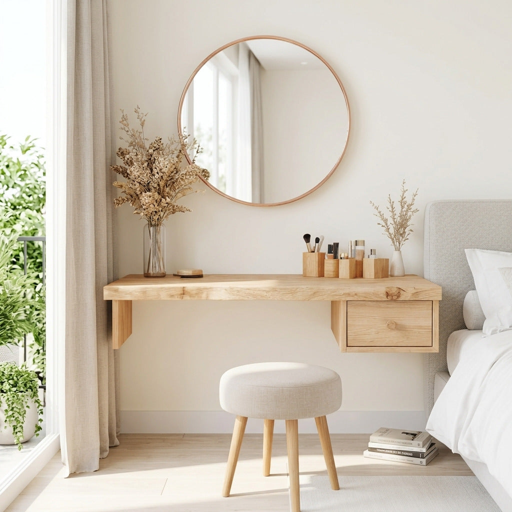 Live edge solid wood floating vanity desk in a contemporary bedroom