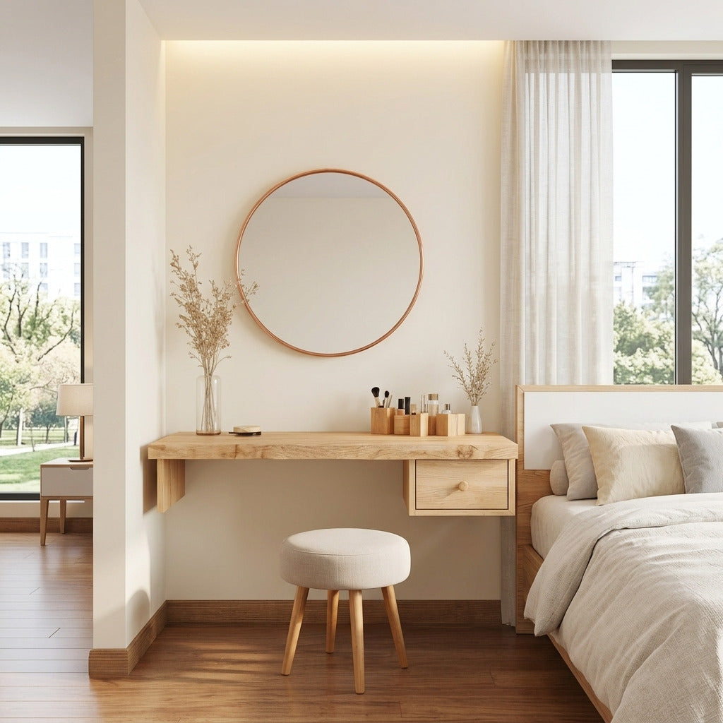 Natural live edge solid wood floating desk in a minimalist bedroom
