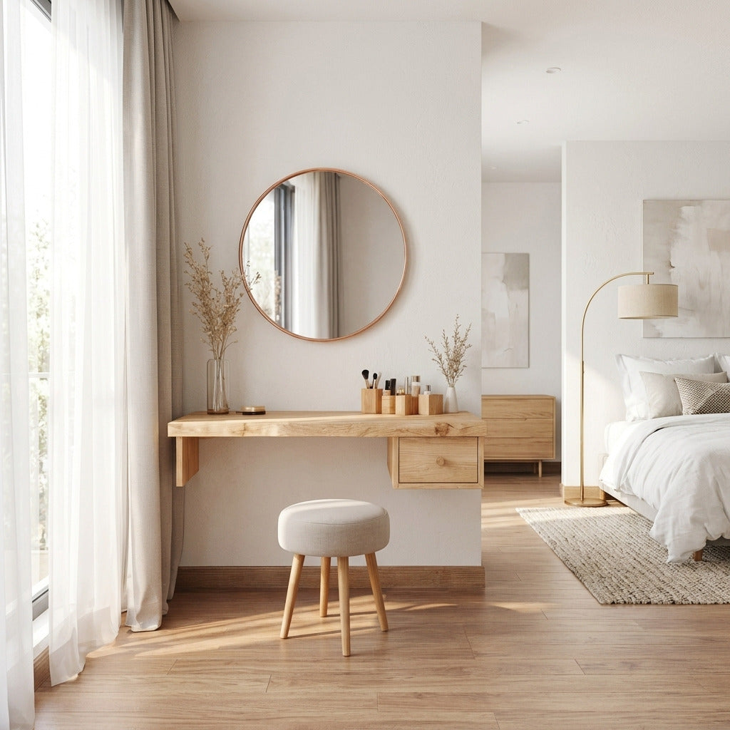 Live edge wooden floating vanity desk styled in a contemporary space