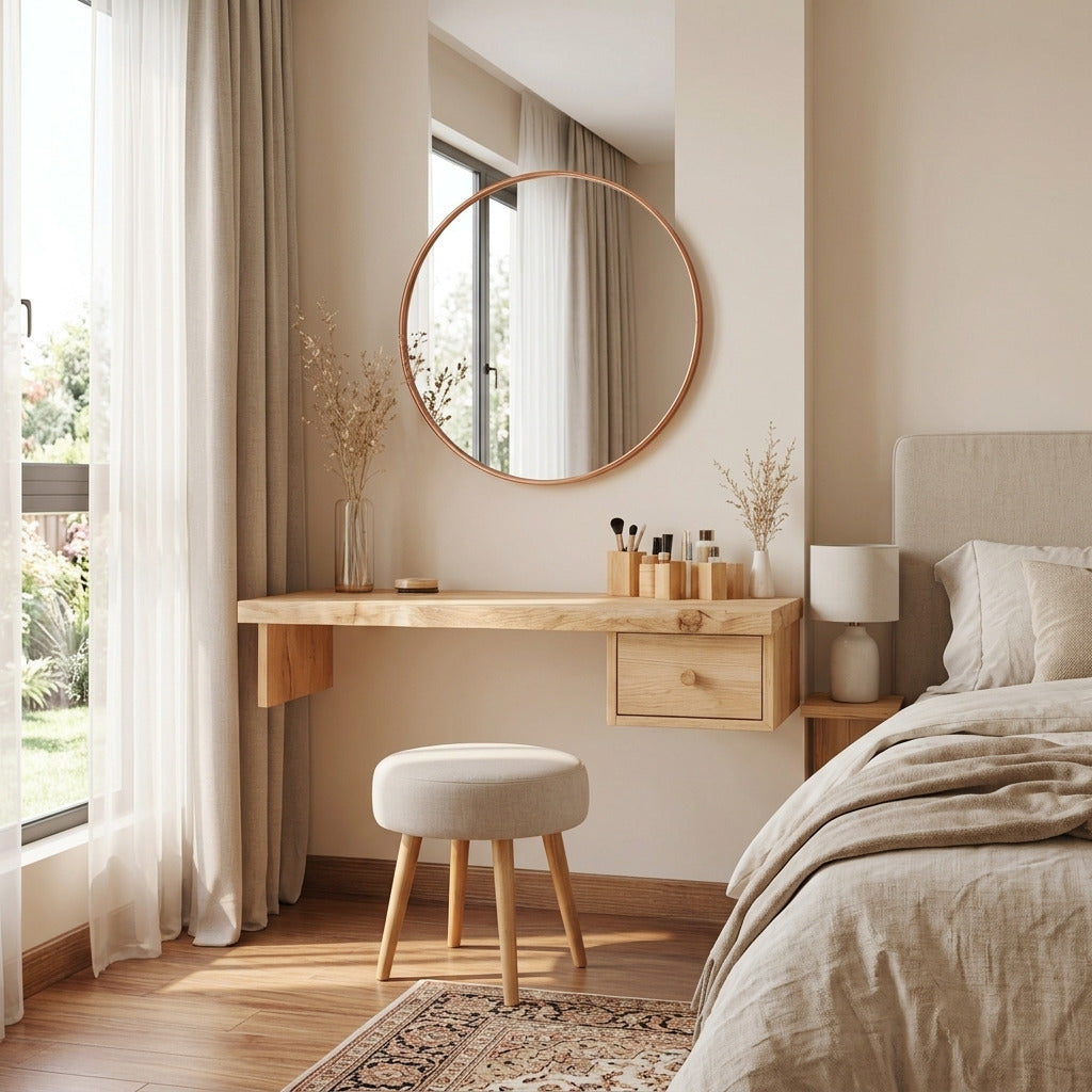 Solid wood floating vanity desk with side drawer in a modern interior
