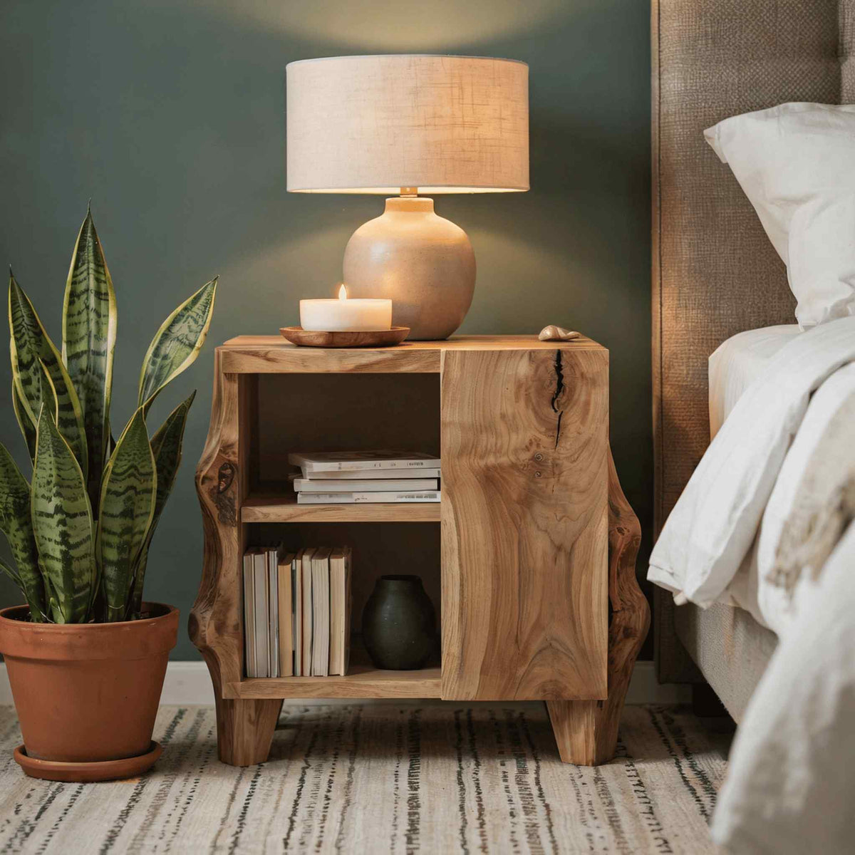 Live edge sculptural nightstand crafted from premium solid wood in Japandi style