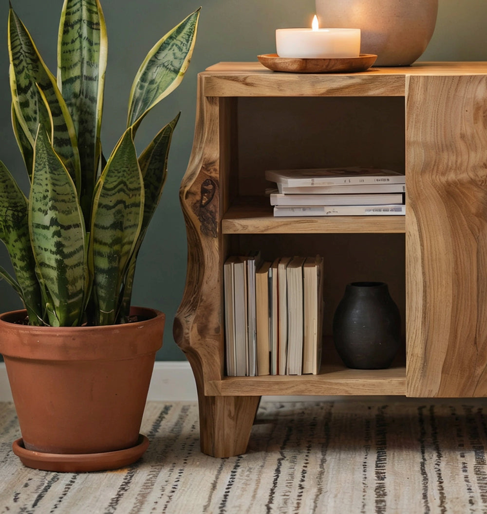 Organic modern bedside table featuring handcrafted live edge details and natural wood grain