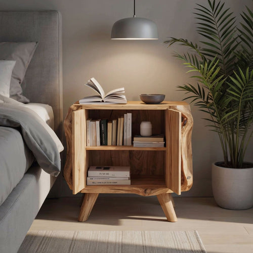 Live Edge Solid Wood Sculptural Nightstand with Cabinet