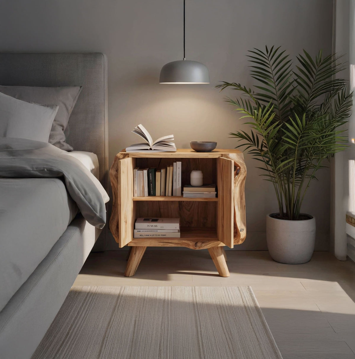 Solid wood nightstand with cabinet displayed in a contemporary bedroom setting