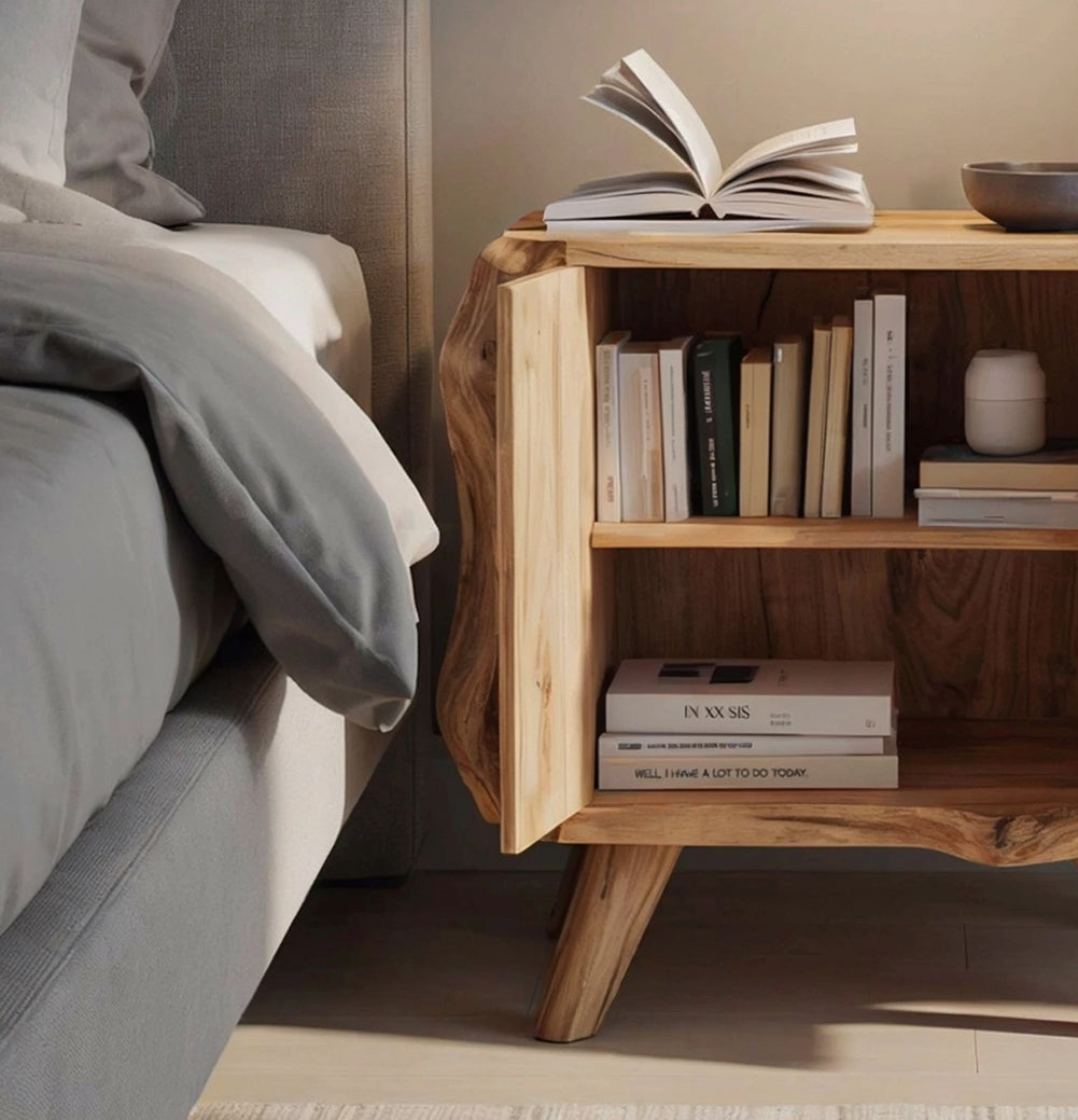 Organic modern bedside table featuring handcrafted live edge details and a built-in cabinet