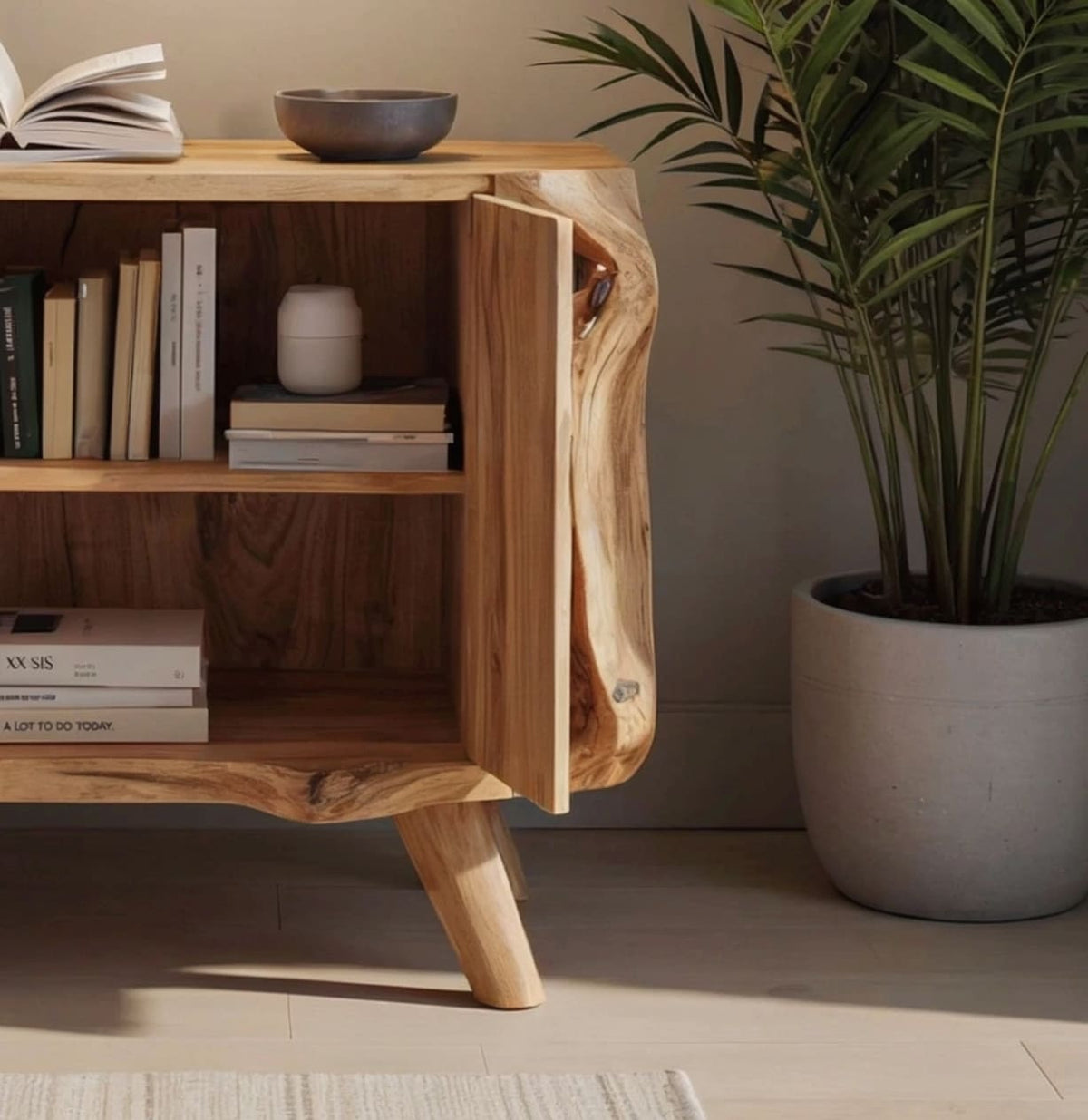 Organic modern bedside table featuring handcrafted live edge details and a built-in cabinet