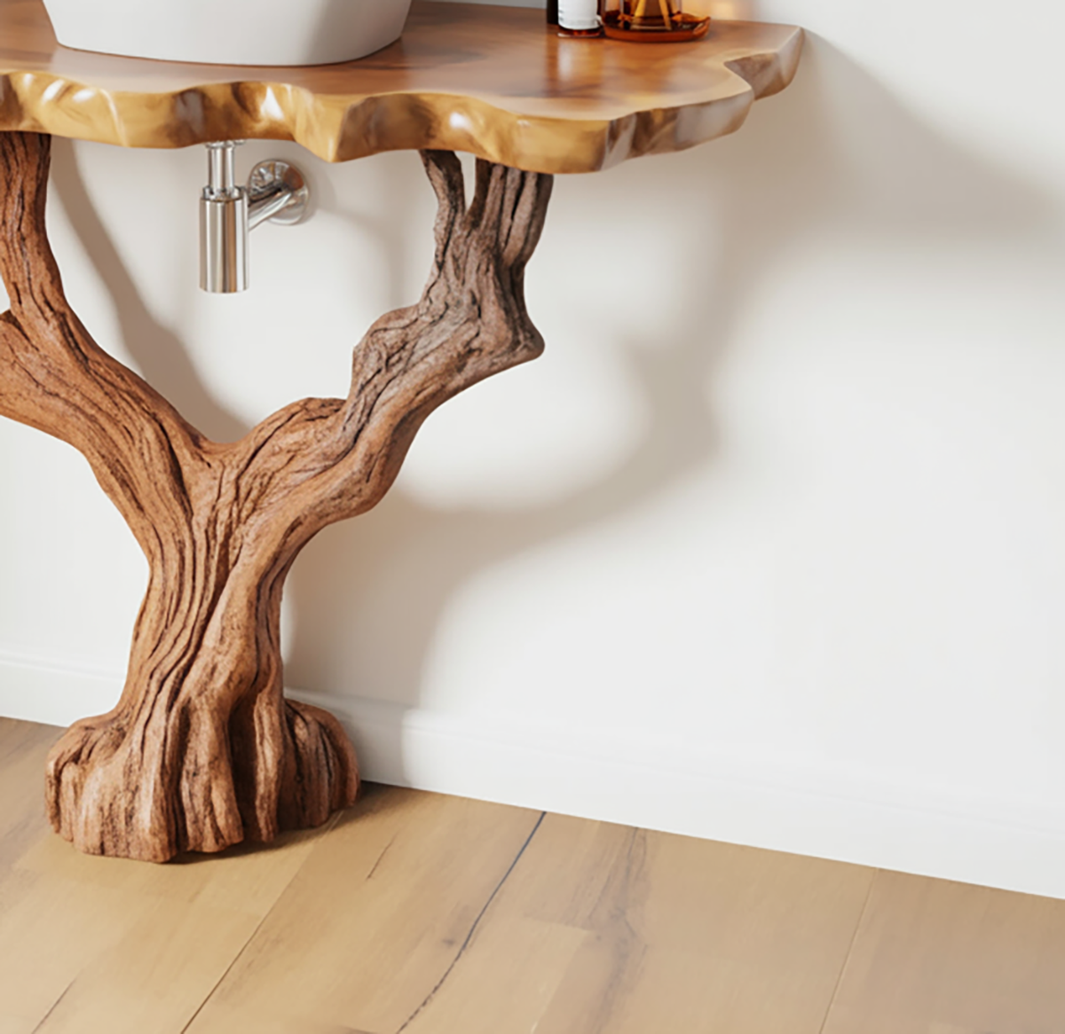 Bathroom vanity console made from handcrafted solid wood