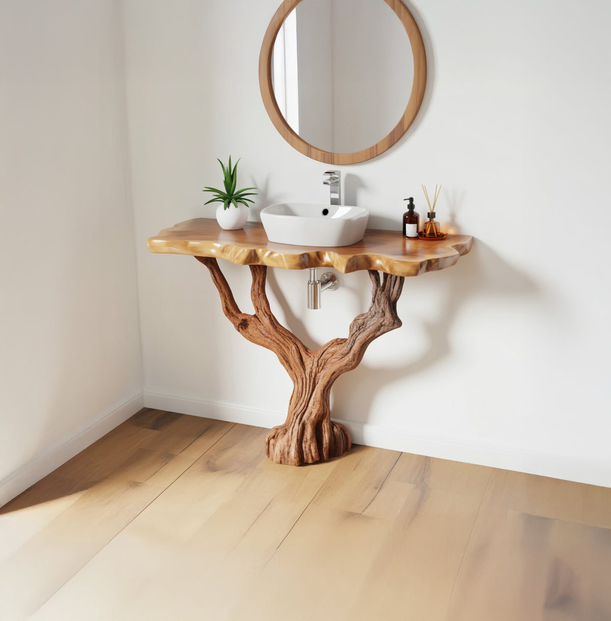 Live edge solid wood vanity with sculptural tree base design