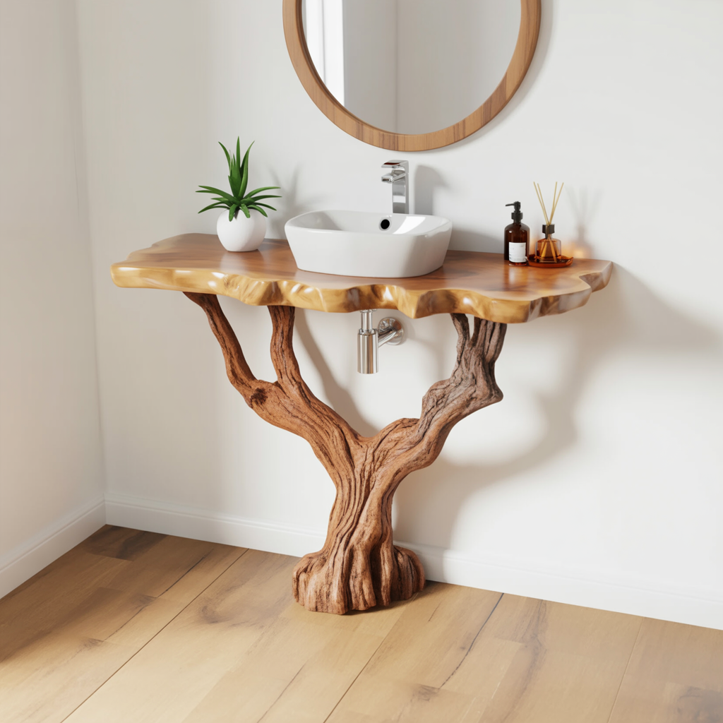 Sculptural bathroom console with tree inspired wood base