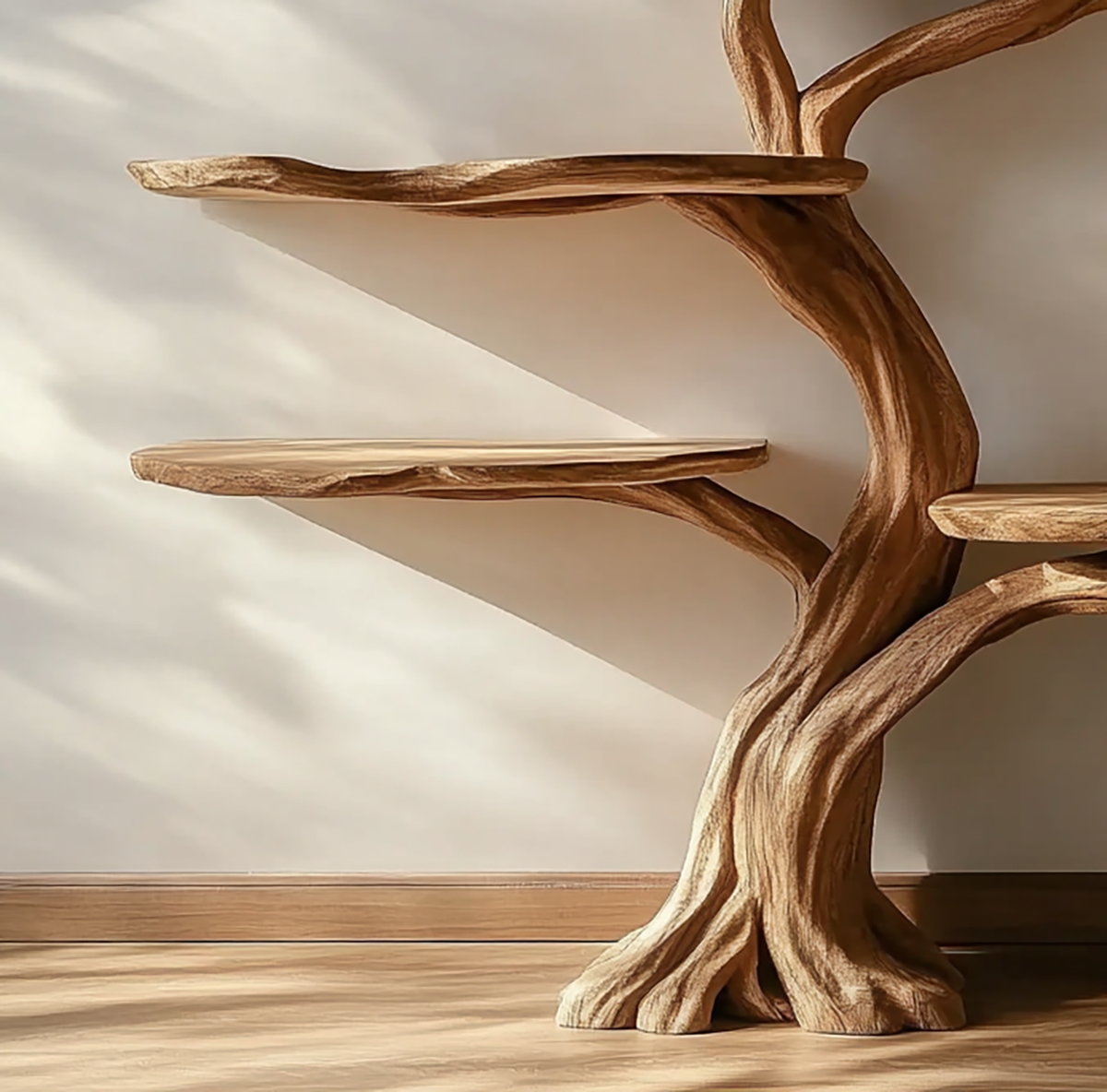 Sculptural wooden bookshelf with live edge branches