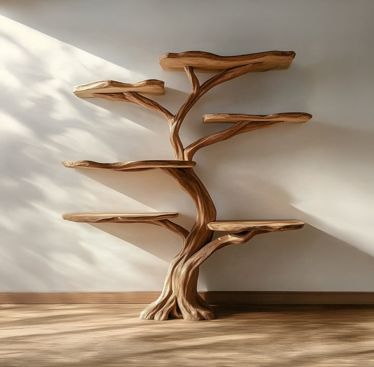Live edge solid wood tree bookshelf with sculptural design