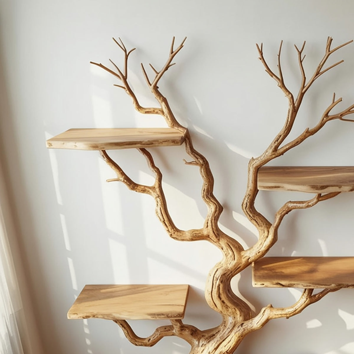 Biophilic design bookshelf featuring sculptural tree branch details and natural wood grain