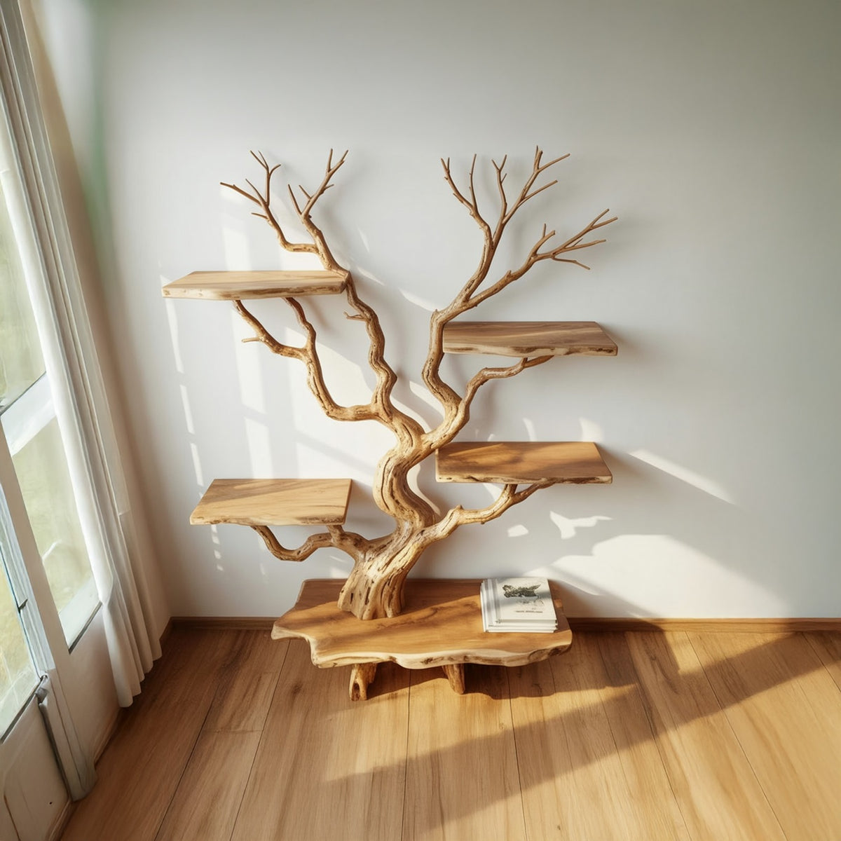 Handcrafted solid wood tree bookshelf displayed in a modern living room