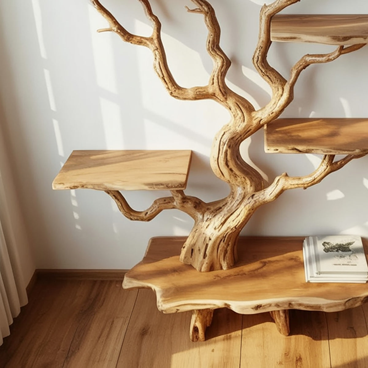 Biophilic design bookshelf featuring sculptural tree branch details and natural wood grain