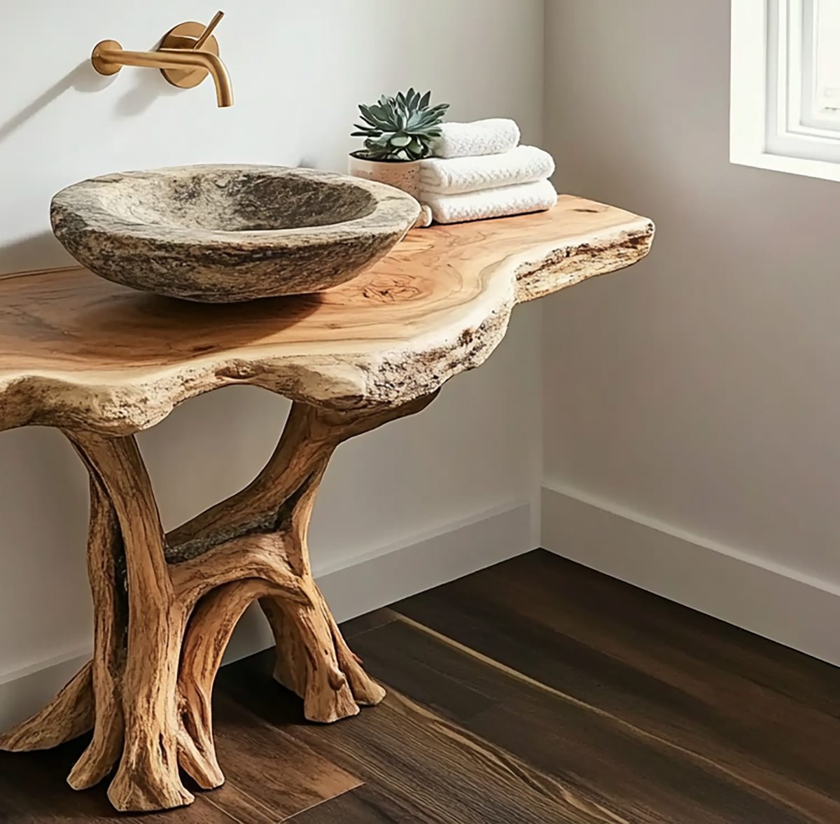 Handcrafted wooden coffee table with natural live edge and grain