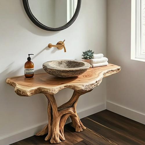 Live Edge Solid Wood Tree Trunk Vanity – Sculptural Natural Wood Bathroom Console