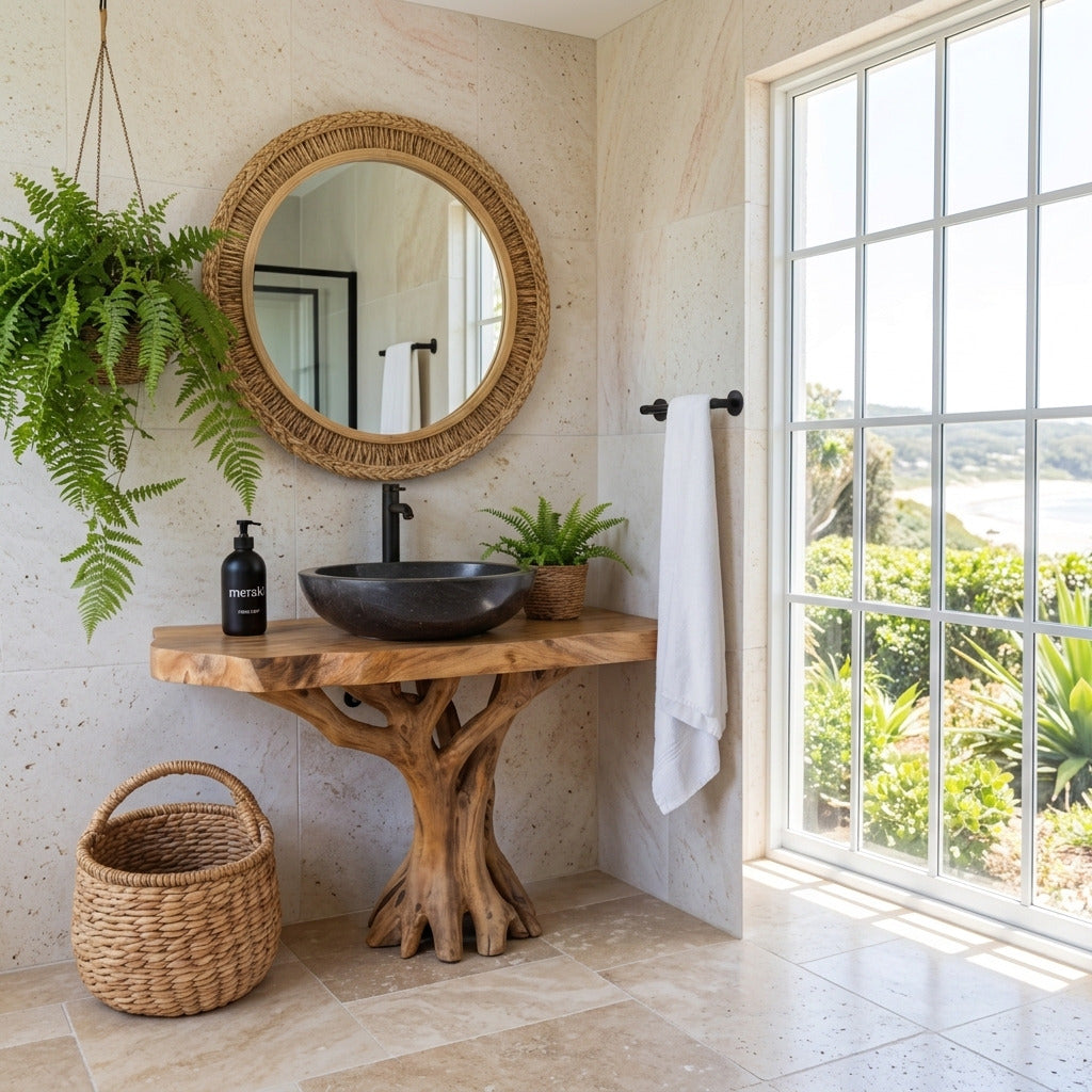 Live edge solid wood bathroom vanity base in a modern bathroom