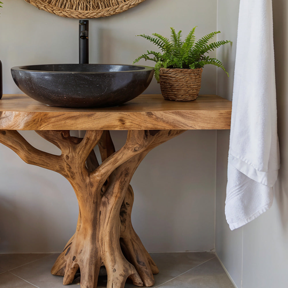 Live edge solid wood bathroom vanity base in a modern bathroom