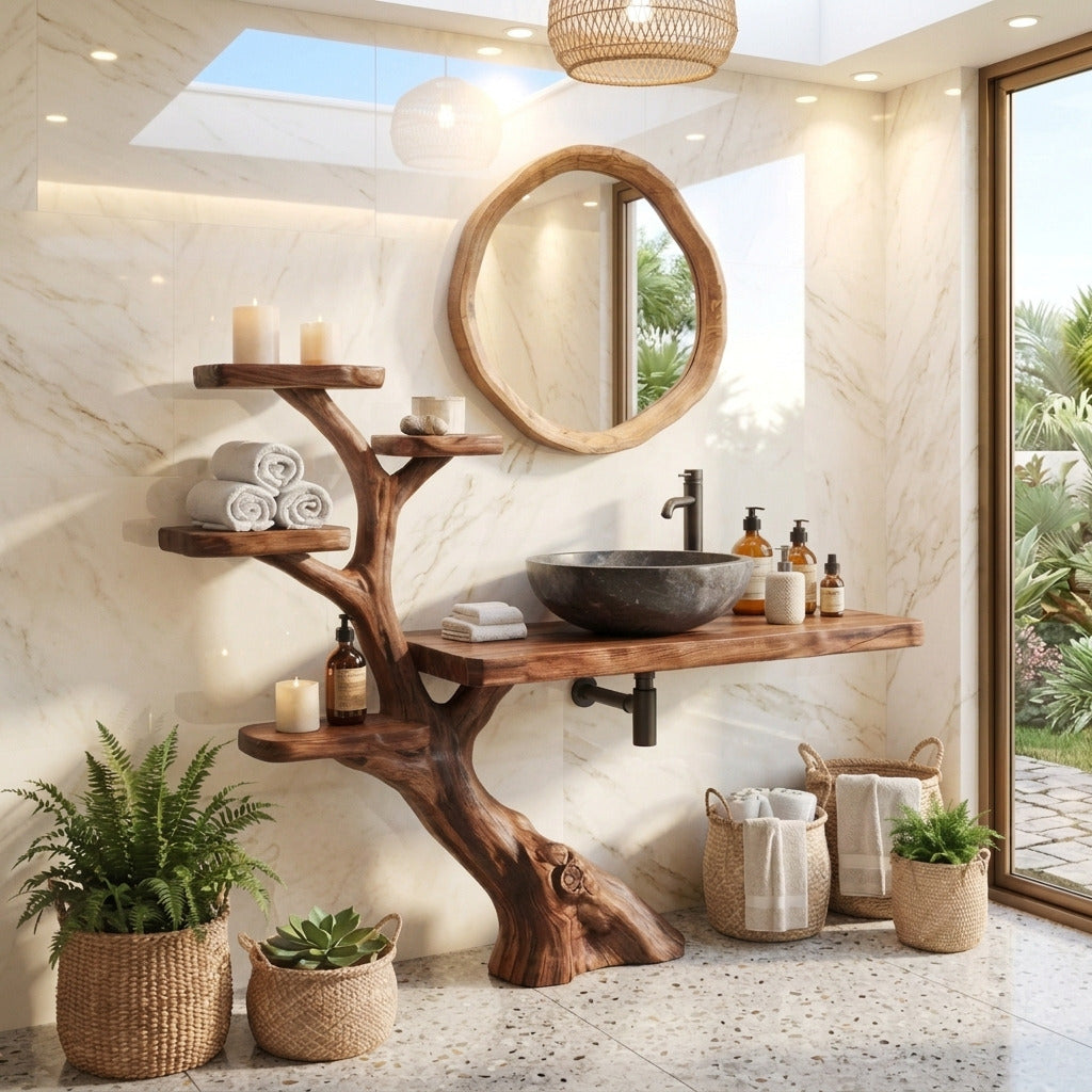 Organic tree root vanity base crafted from solid wood