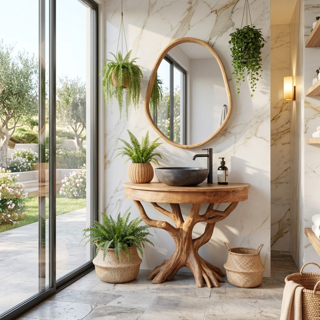 Live edge solid wood vanity base for lavabo in a modern bathroom