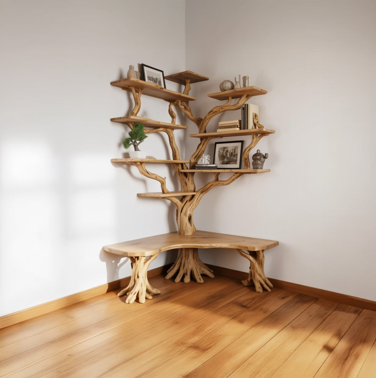 Organic modern corner shelf with live edge wood detail