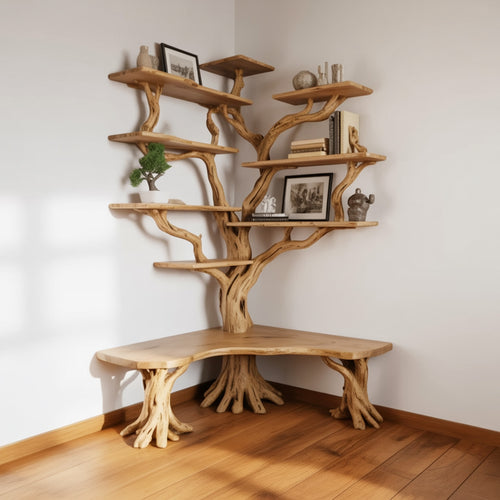 Live Edge Tree Shaped Corner Bookshelf – Solid Wood Sculptural Floating Shelf