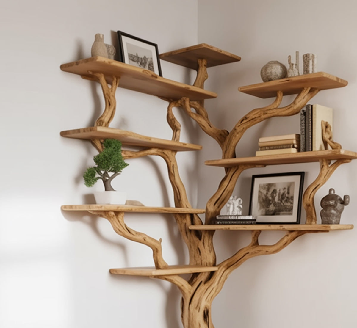 Sculptural wooden corner wall shelf with tree design