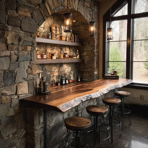 Rustic live edge wall-mounted floating bar table crafted from hardwood