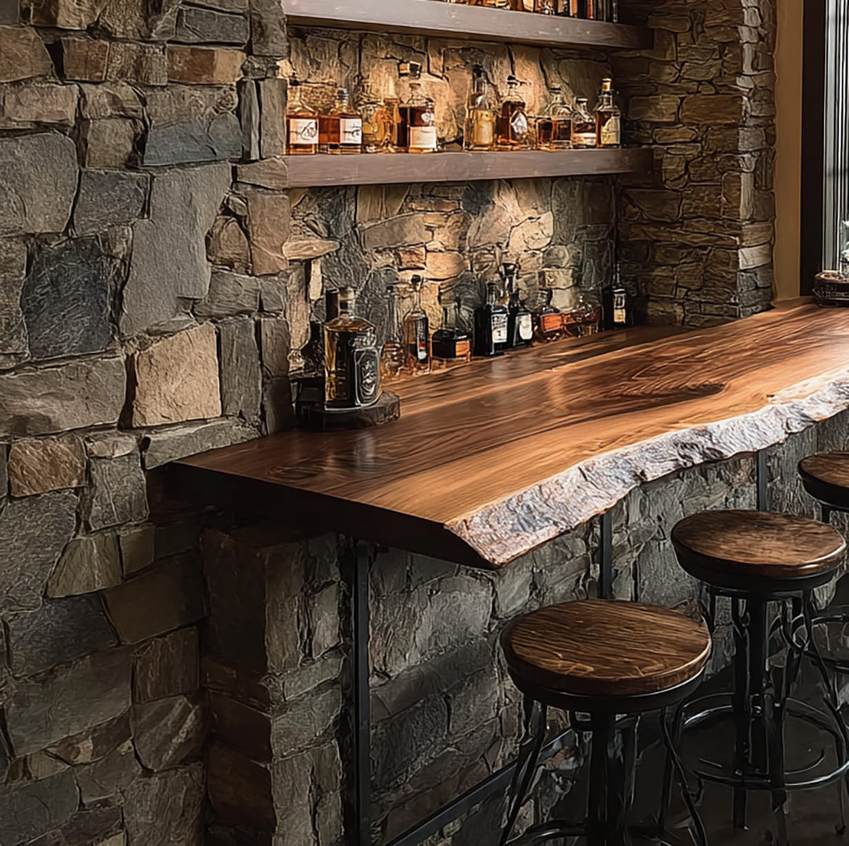 Modern floating bar counter with natural wood edge