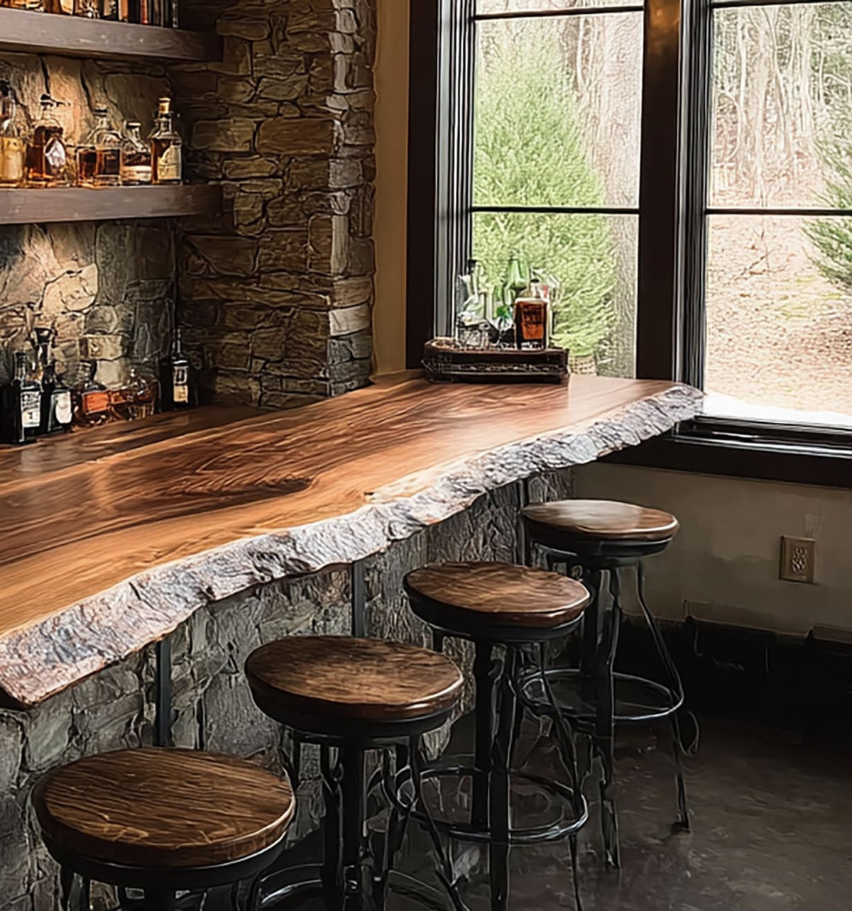 Modern floating bar counter with natural wood edge