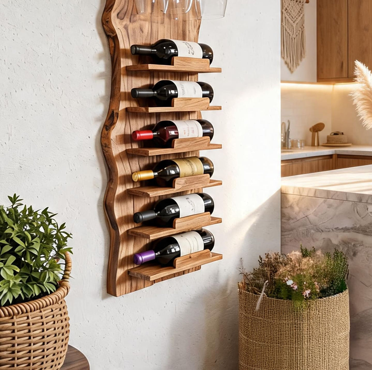 Natural live edge wine rack with glass holder