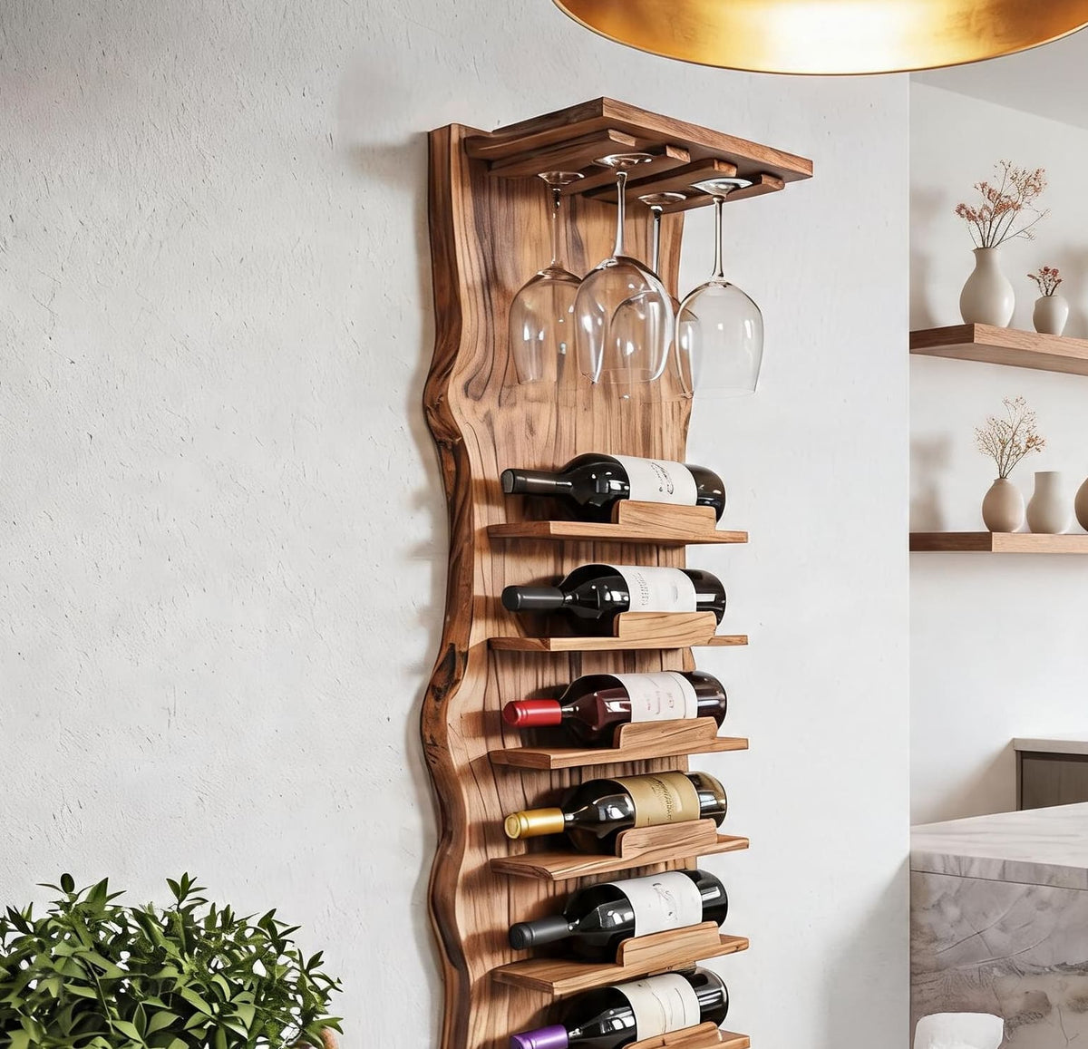 Wall mounted wooden wine rack with vertical bottle storage