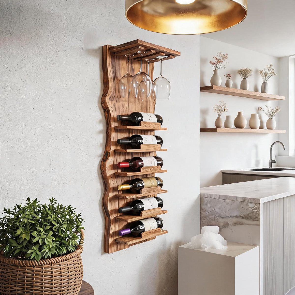 Rustic solid wood live edge wine rack in a modern dining room