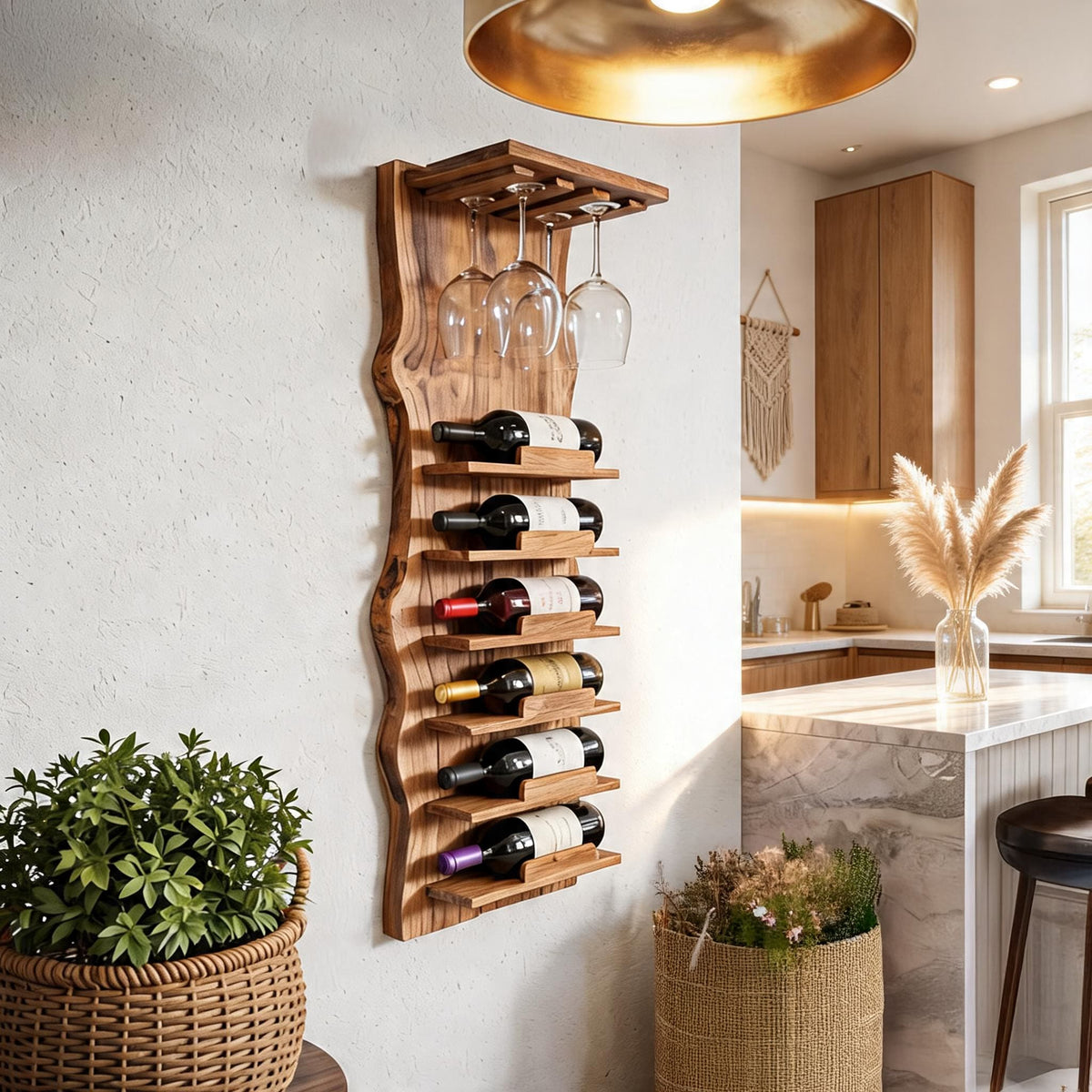 Natural wooden wall mounted wine rack in a contemporary kitchen
