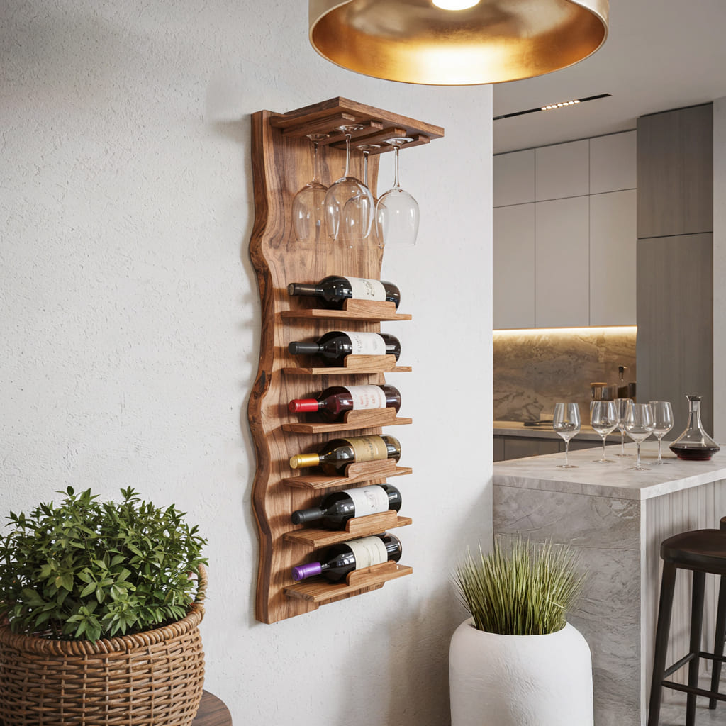 Rustic live edge wall mounted wine rack in solid wood
