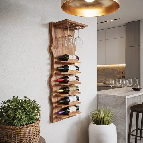 Live Edge Wall Mounted Wine Rack with Glass Holder & Vertical Bottle Storage